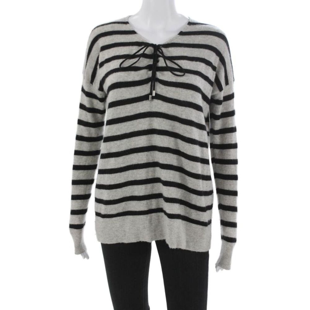 Aqua Cashmere Womens V-Neck Striped Pullover Gray Cashmere Size M